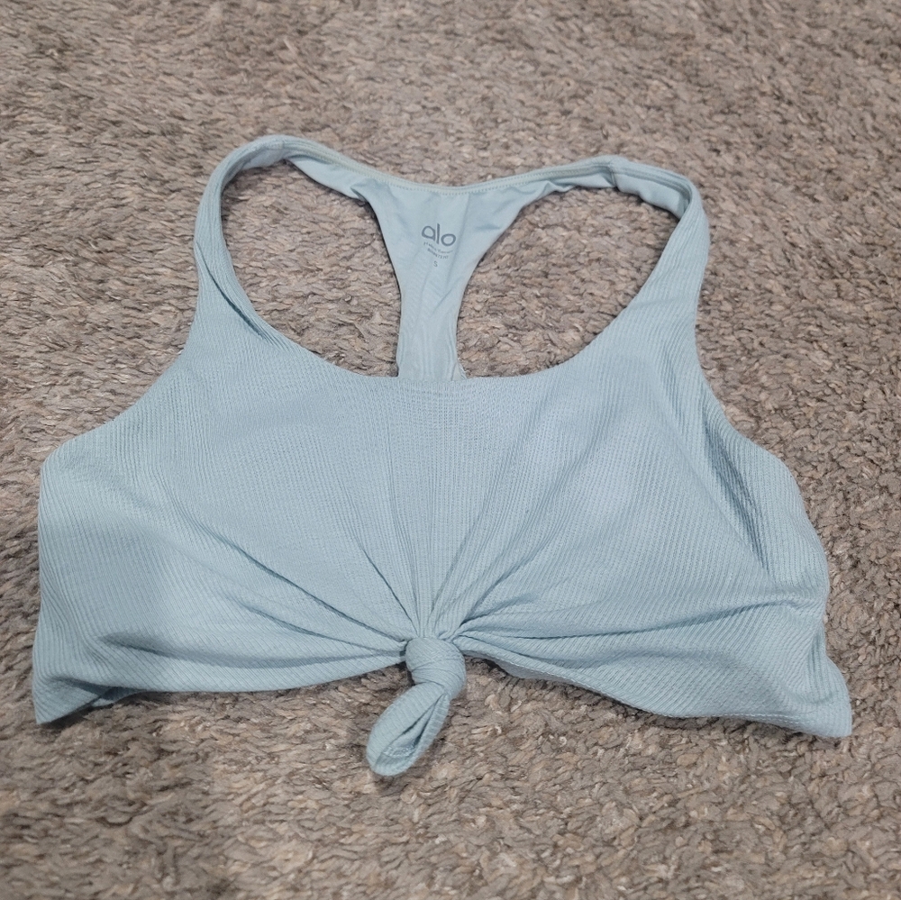 Alo Yoga Knit Ribbed Knot Sports Bra Crop Top Pastel Cloud Blue Small
